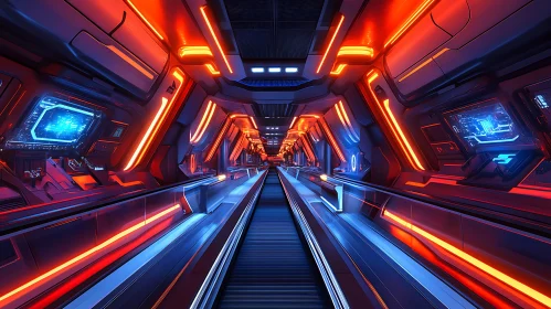 Sci-Fi Corridor with Neon Lights and High-Tech Displays