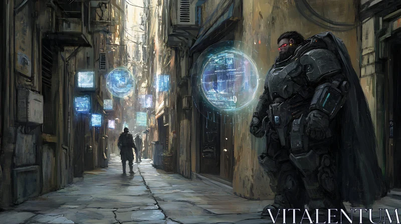 AI ART Cyberpunk Alley with High-Tech Armor