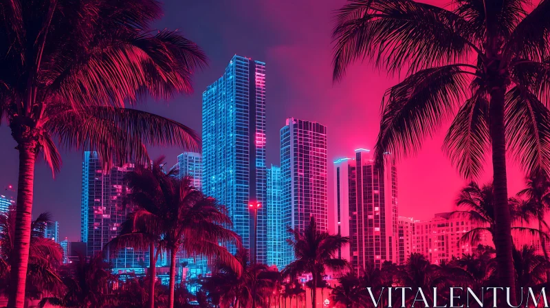 Urban Nightscape with Neon Lights and Palm Trees AI Image