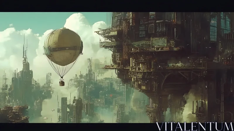 AI ART Surreal Steampunk Cityscape Featuring A Hot Air Balloon