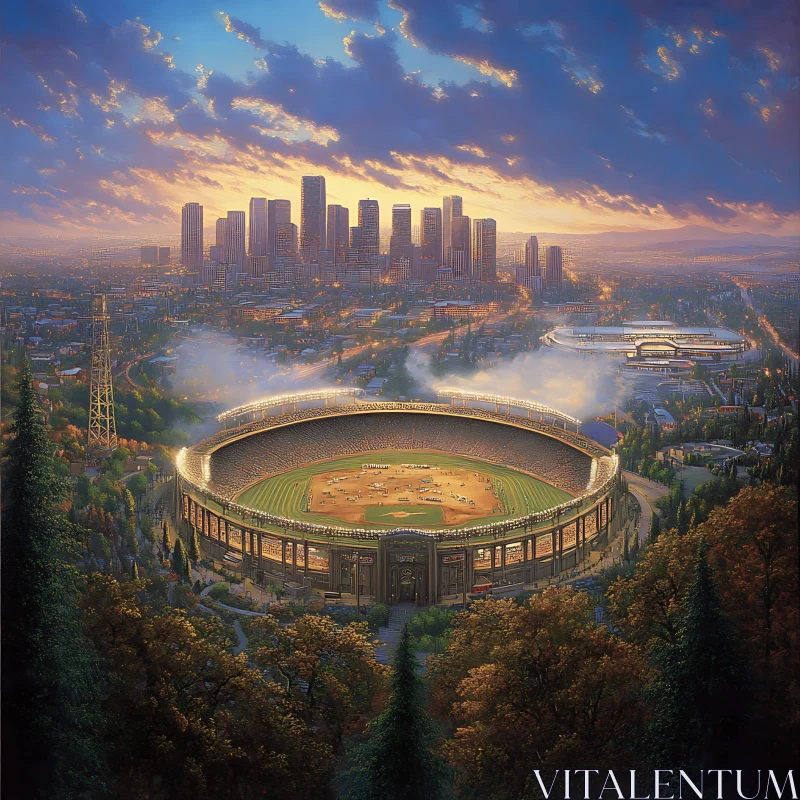 Majestic Stadium and Sunset Urban View AI Image