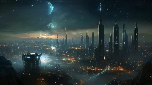 Illuminated Futuristic City Skyline at Night