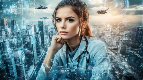 Female Doctor in Futuristic City