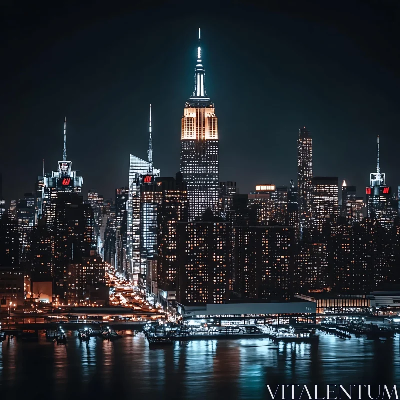 AI ART Nighttime Cityscape with Lit Skyscrapers Reflected in Water