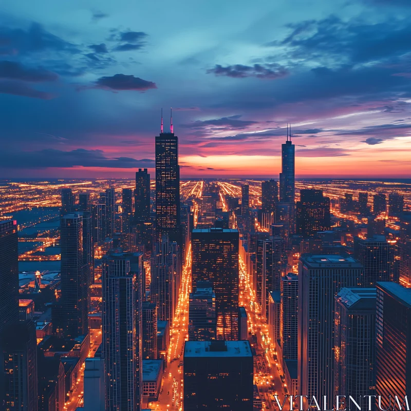 Dusk Cityscape with Glowing Buildings and Sunset Sky AI Image