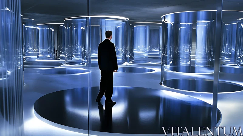 Man in a Reflective Futuristic Room AI Image