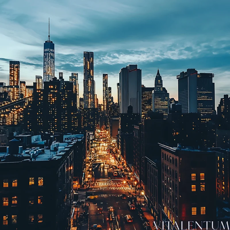 Urban Night View with Tall Buildings and Bright Streets AI Image