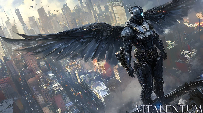 AI ART Cyborg with Wings in a Futuristic City