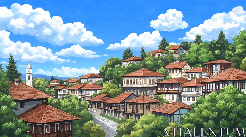 AI ART Charming Village Landscape with Red-Tiled Roofs