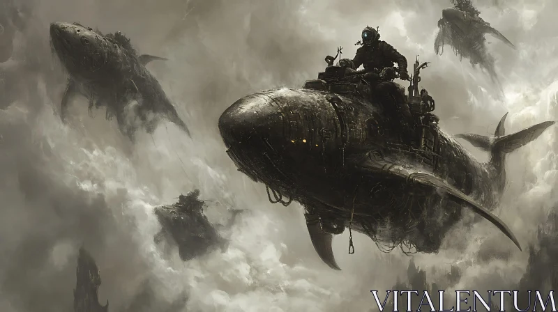 Futuristic Flying Whale Airships Steampunk Scene AI Image