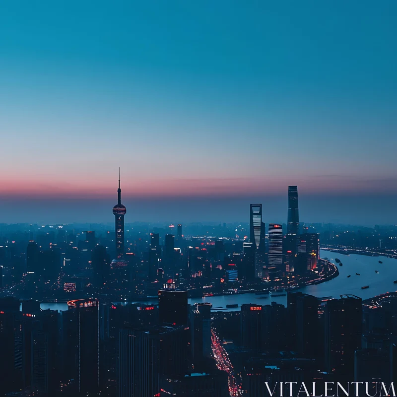 Urban Night Skyline with River Reflections AI Image