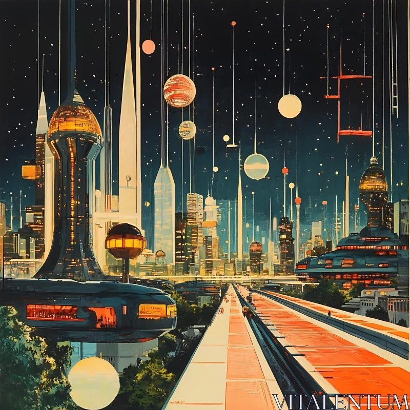 Nighttime Sci-Fi Metropolis with Neon Skyscrapers and Floating Orbs AI Image