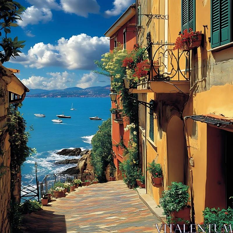 Picturesque Seaside Alley with Boats AI Image