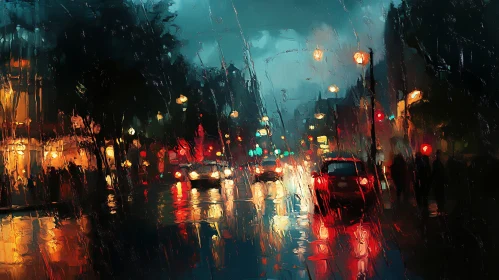 Urban Rain Scene with Blurred Lights