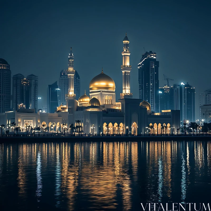 AI ART Nighttime Mosque with Golden Domes and City Lights