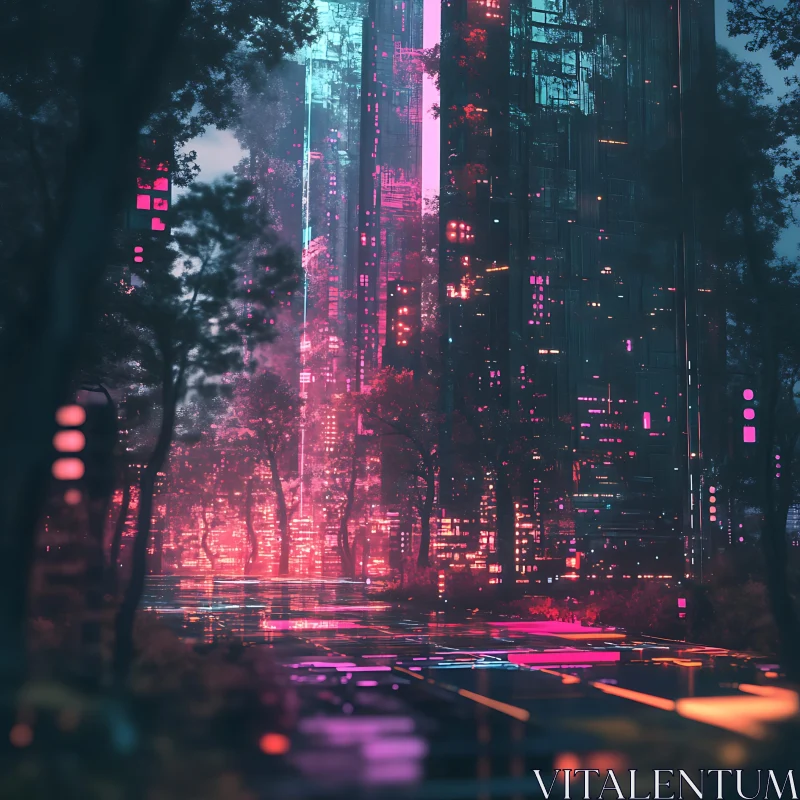 Neon Lit Futuristic City with Forest Pathway AI Image