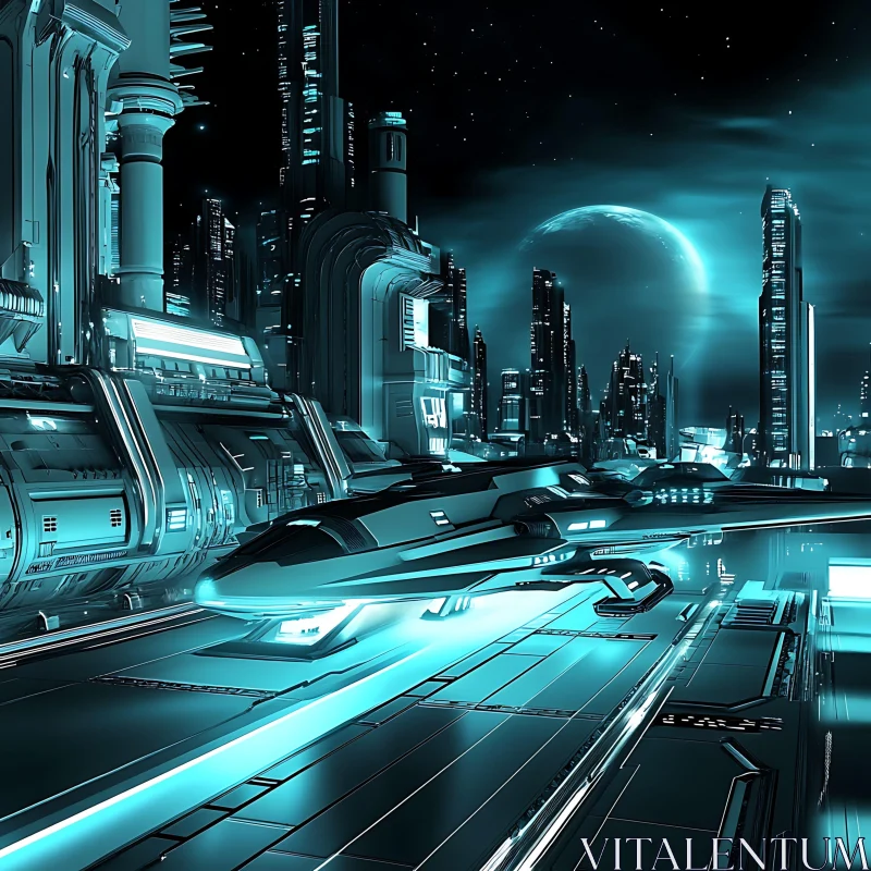 Sci-Fi Neon City with Spaceship AI Image