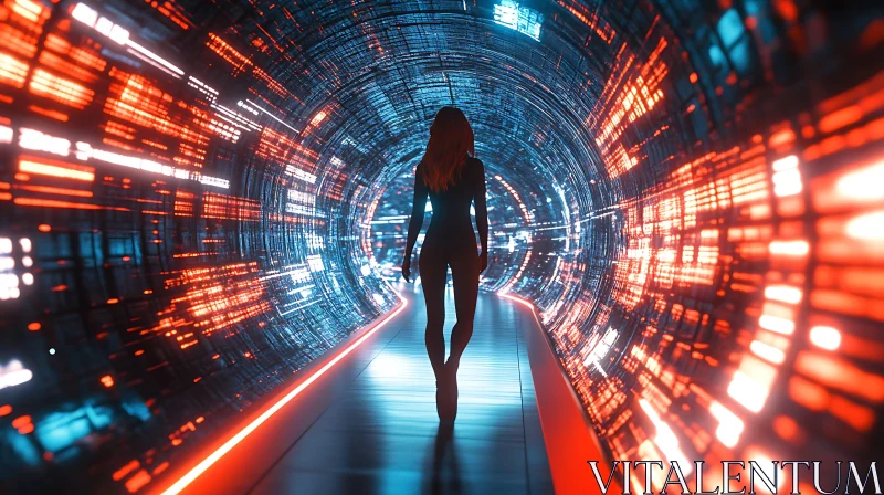 Mystery Silhouette in a Cyberpunk Tunnel AI Image