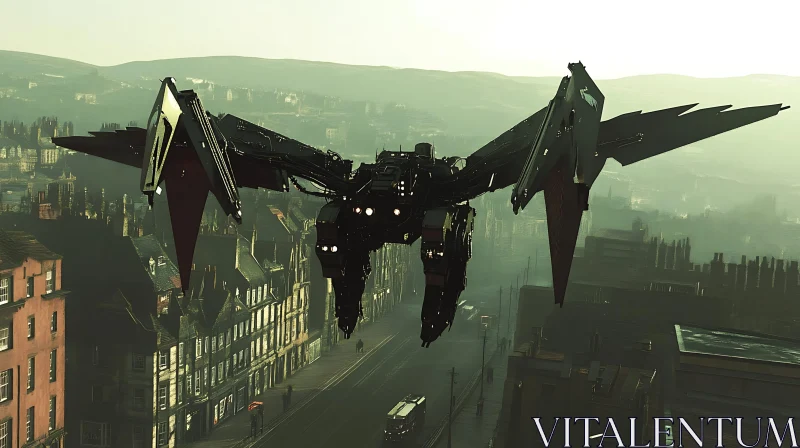 Advanced Robotic Flyer Above City AI Image