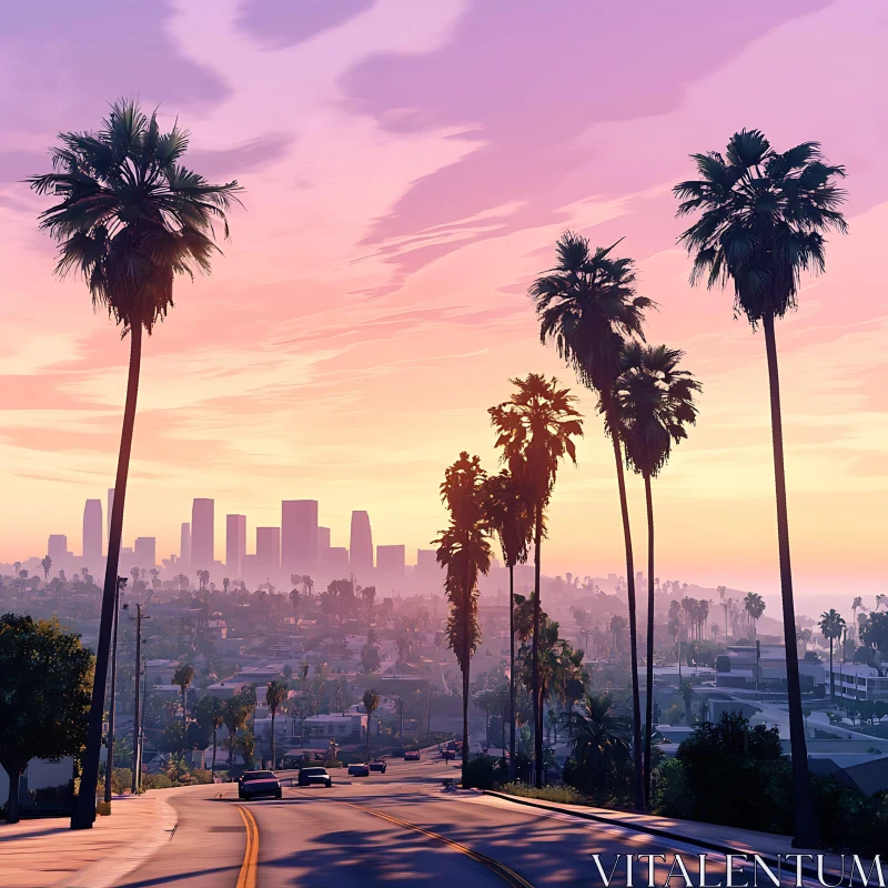 Urban Sunset with Palm Trees and Colorful Sky AI Image