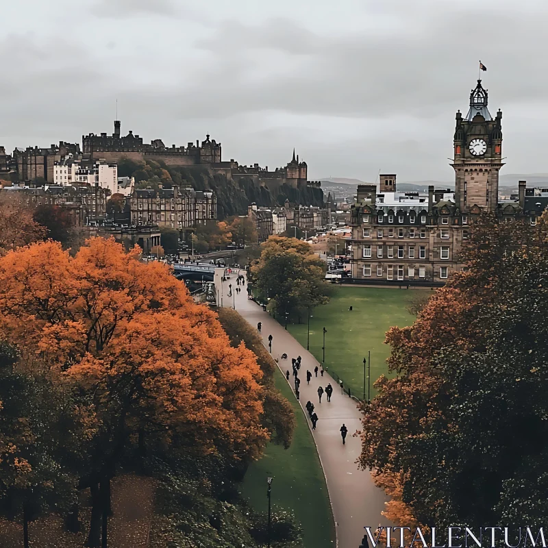 AI ART Urban Autumn Scene with Clock Tower and Castle