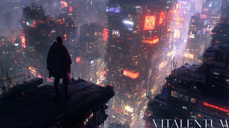 AI ART Silhouette Overlooking Neon-Lit Futuristic City