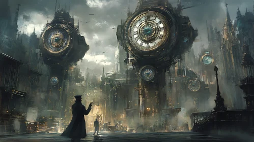 Futuristic City with Giant Clocks