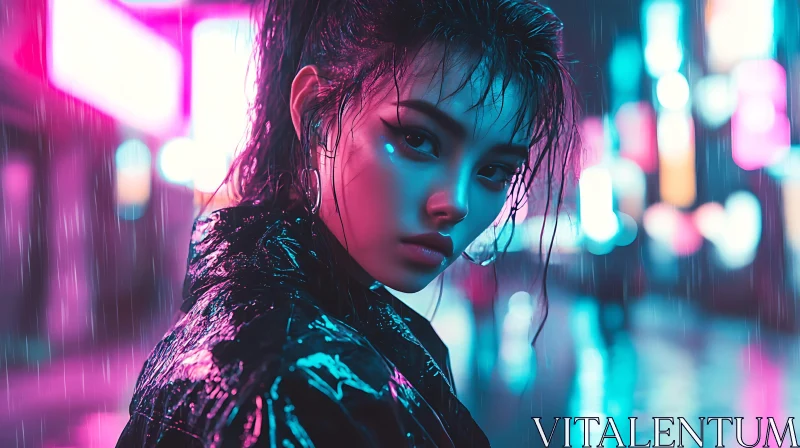 AI ART Woman in Neon Lights and Rain