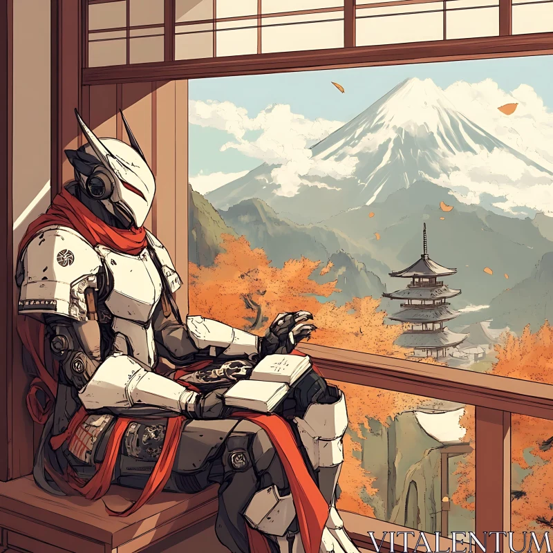 AI ART Robot Meditating with Japanese Mountain and Temple Backdrop