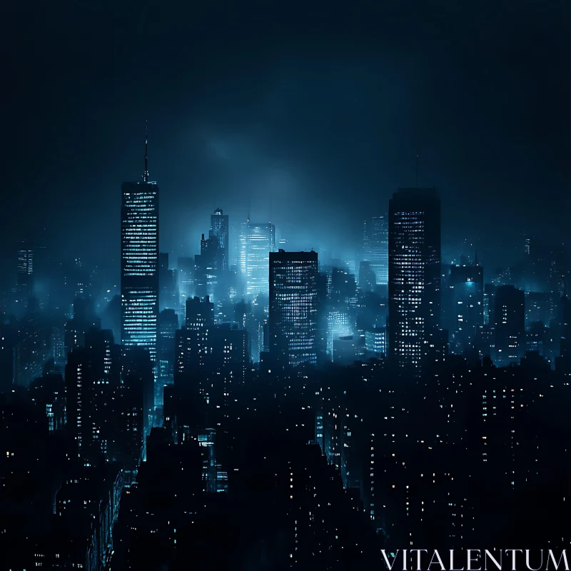 Urban Skyline at Night with Bright Lights AI Image