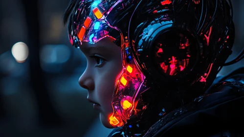 Futuristic Child in Illuminated Cyborg Helmet