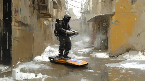 Cyberpunk Delivery in Snowy Alley