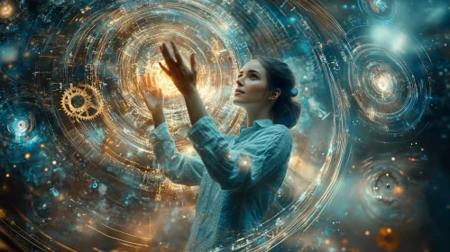 Cyber Interaction: Woman and Hologram Fusion