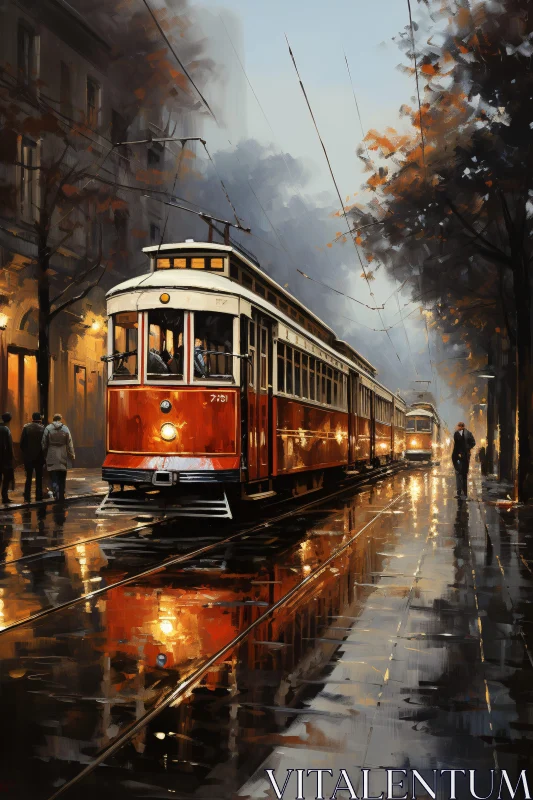 Serene Autumn Street with Vintage Trams AI Image