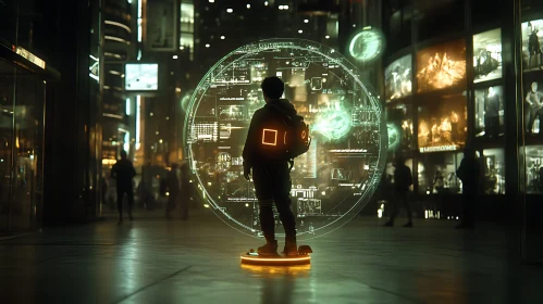 Person Interacting with Holographic Display in High-Tech City