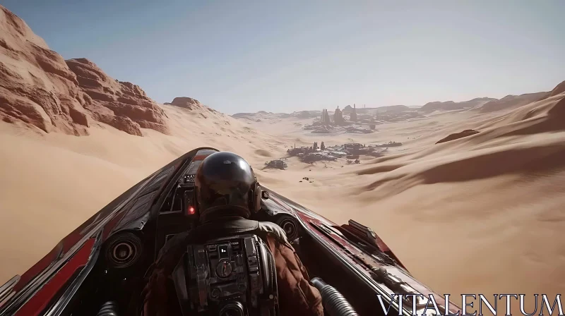 Spaceship Gliding Over Desert Dunes AI Image