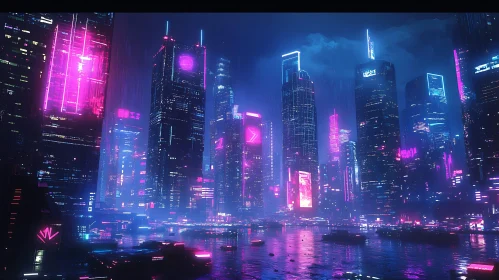 Neon Skyline in a Futuristic Rainy Night