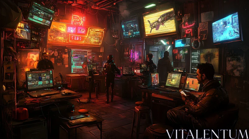 Neon-lit Cyberpunk Tech Room AI Image