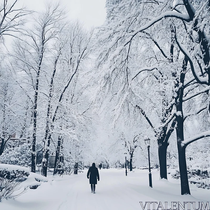 Tranquil Winter Scene with Snow-Covered Trees and Solitary Walker AI Image