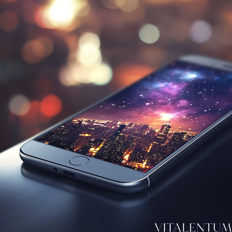 Smartphone with City and Galaxy Blend AI Image