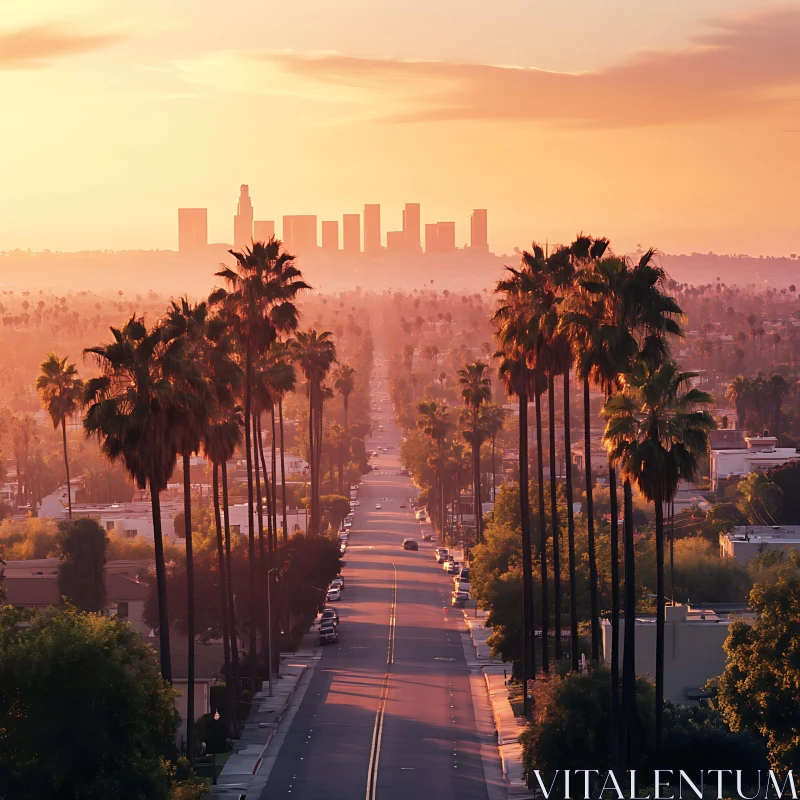 Sunset Cityscape with Palm-lined Street AI Image