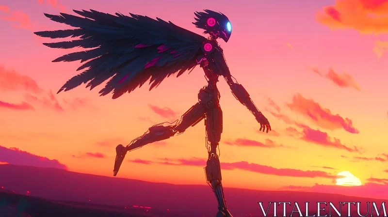 AI ART Robotic Bird Silhouette Against a Sunset Sky