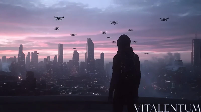 Skyline View with Drones during Sunset AI Image