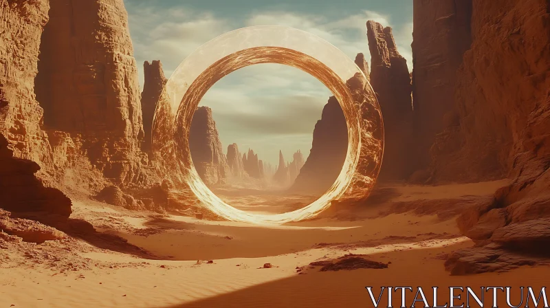 Mystic Desert Scene with Large Floating Ring AI Image