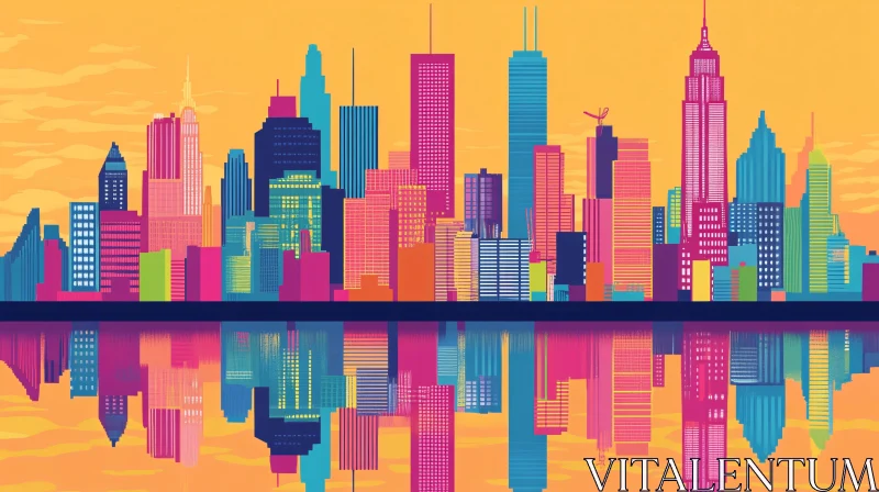 AI ART Colorful Urban Skyline Reflected in Water