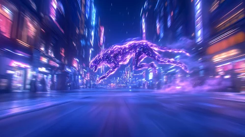 Luminous Wolven Entity in Neon Cityscape