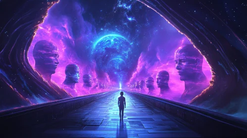 Futuristic Pathway with Glowing Cosmic Figures