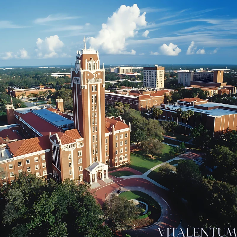 University Campus with Central Brick Tower AI Image