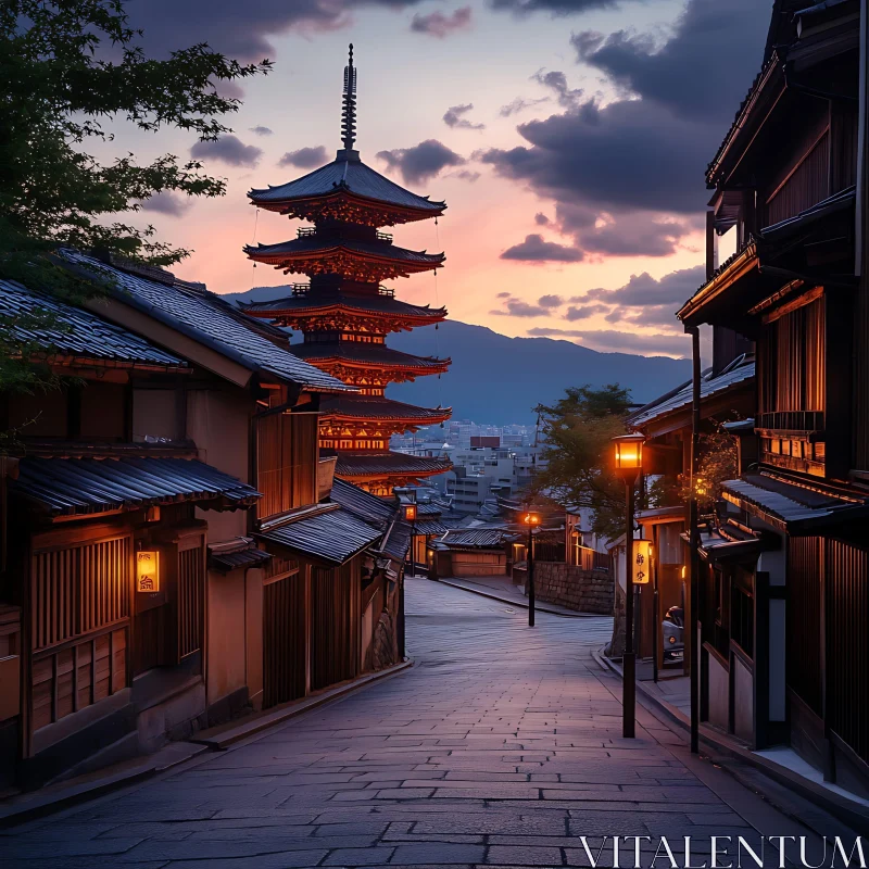 Traditional Japanese Street and Pagoda at Dusk AI Image