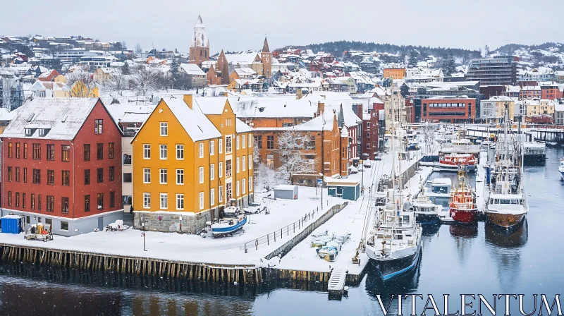 Scenic Snowy Harbor with Colorful Architecture AI Image